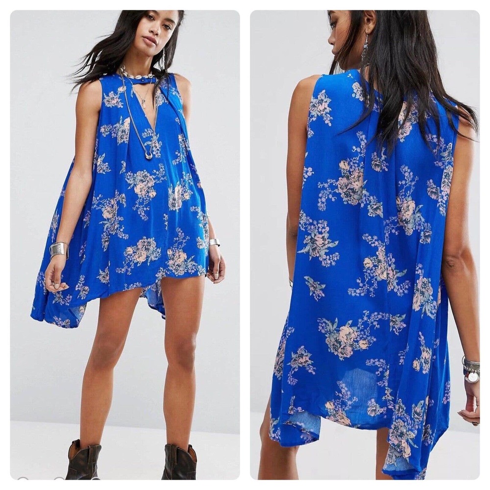 Free People Snap Out Of It Tree Swing Tunic Blue Floral Mini Dress Large NEW $93